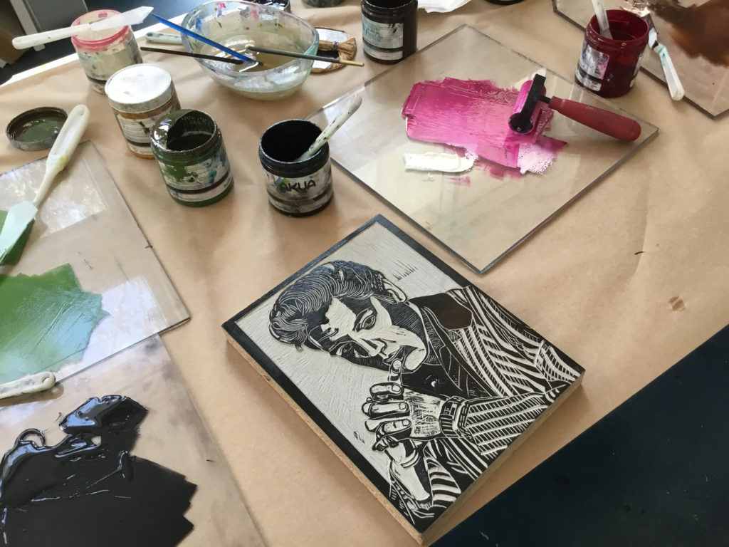 A participants printmaking work inspired by celebrity portraits.